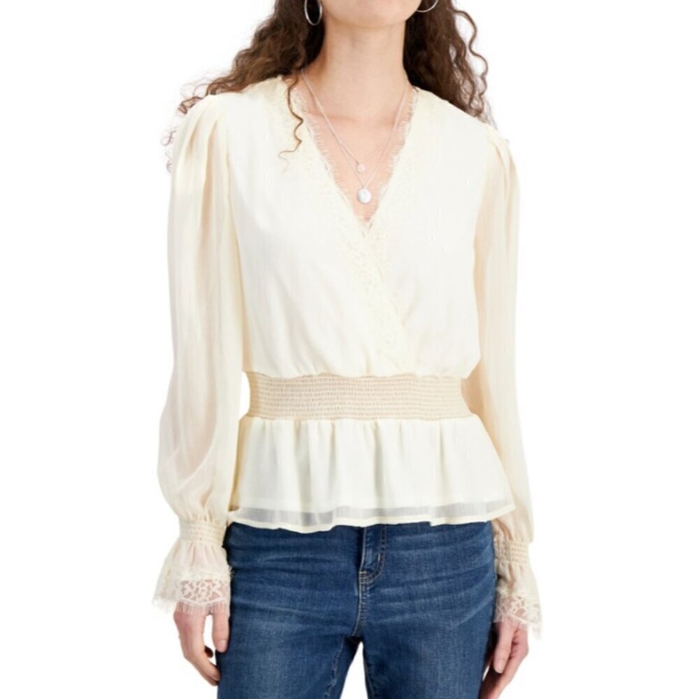 Self Love Juniors' Size Small Ivory Lace-Trim Bell-Sleeve Peasant Top NWT